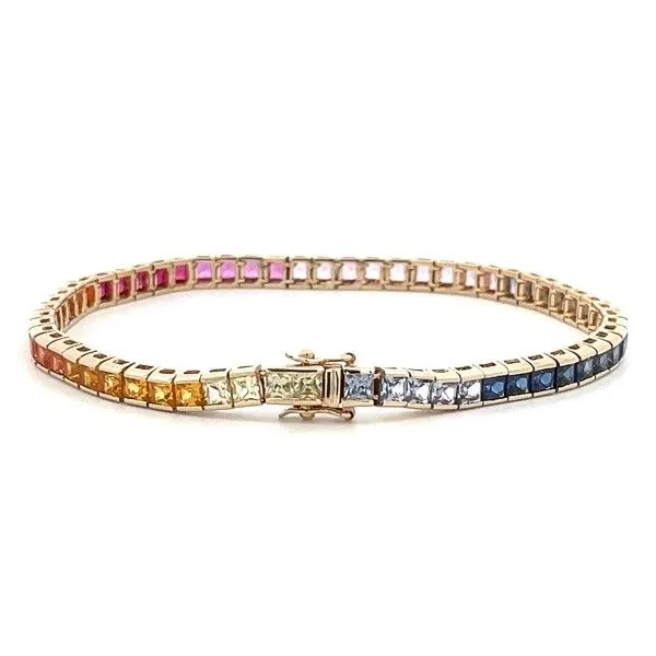 Estate 10K Yellow Gold Lab Grown Rainbow Sapphire Multi Color Tennis Bracelet Image 2 Dickinson Jewelers Dunkirk, MD