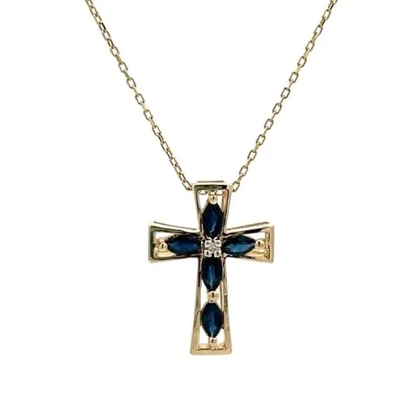 Estate 14K Yellow Gold Sapphire and Diamond Cross Pendant on Chain Dickinson Jewelers Dunkirk, MD