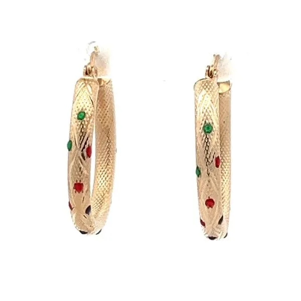 Estate 14K Yellow Gold Textured Hoop Earrings with Color Dots Dickinson Jewelers Dunkirk, MD