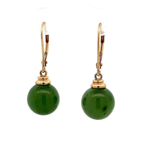 Estate 14Kt Yellow Round Jade Dangle Leverback Earrings