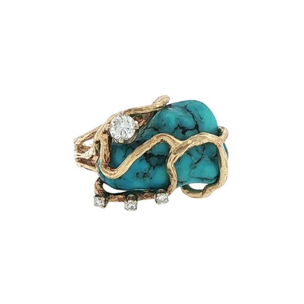 Estate 14K Yellow Gold Turquoise and Diamonds Ring Dickinson Jewelers Dunkirk, MD