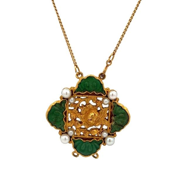 22k Yellow Gold Carved Jade and Pearls Necklace Dickinson Jewelers Dunkirk, MD