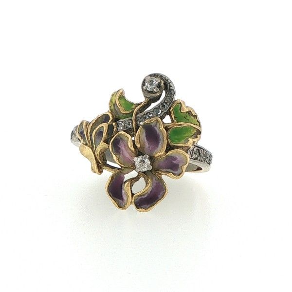 18K Yellow Gold Diamond and Enamel Flower Ring Dickinson Jewelers Dunkirk, MD