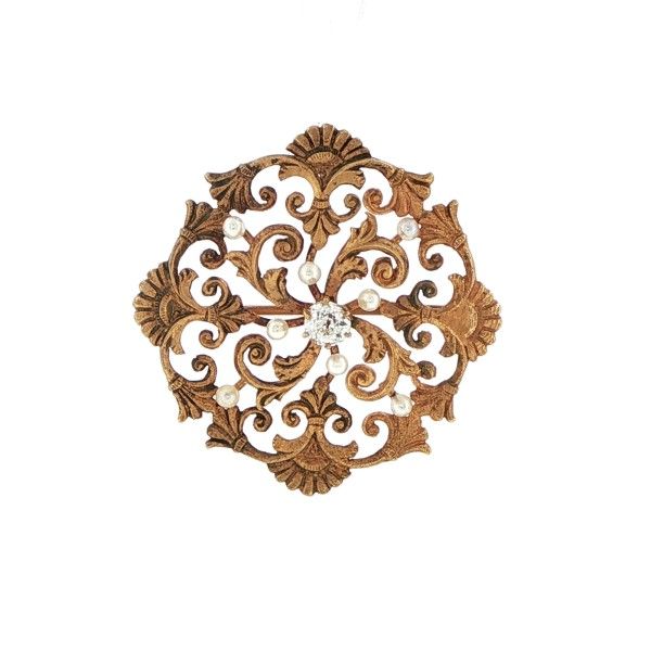 15K Yellow Gold Diamond and Old Mine Cut Diamond Shepherd's Hook Brooch Dickinson Jewelers Dunkirk, MD