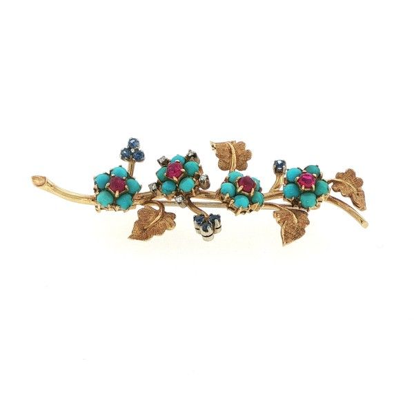 18K Yellow Ruby, Sapphire, Diamonds, Turquoise Brooch Dickinson Jewelers Dunkirk, MD