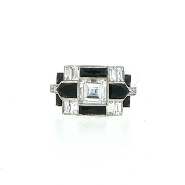 Estate Platinum Asscher and Baguette Diamonds and Onyx Ring Dickinson Jewelers Dunkirk, MD