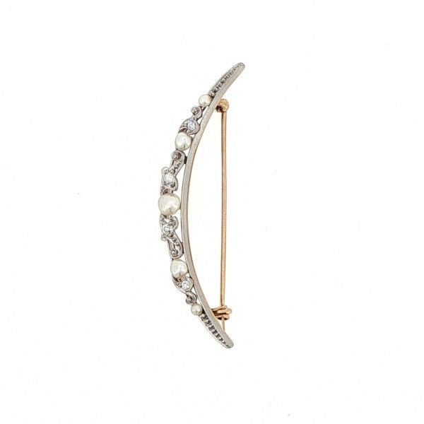 Platinum and 14Kt Diamond Pearl Crescent Moon Brooch Dickinson Jewelers Dunkirk, MD