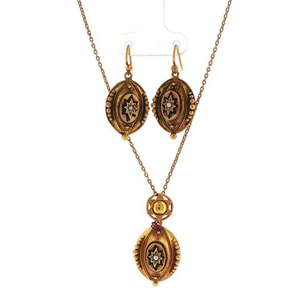 10K/14K Yellow Gold Pearls with Blue Enamel Pendant and Earrings SET Dickinson Jewelers Dunkirk, MD