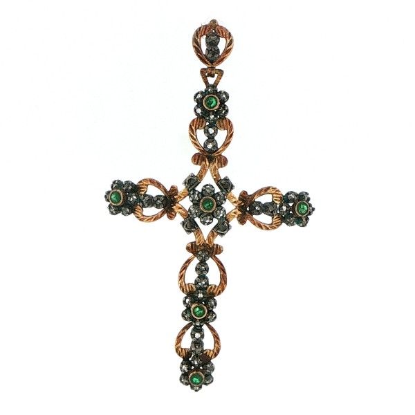 15K Yellow Gold Emerald and Diamonds Cross Pendant Dickinson Jewelers Dunkirk, MD