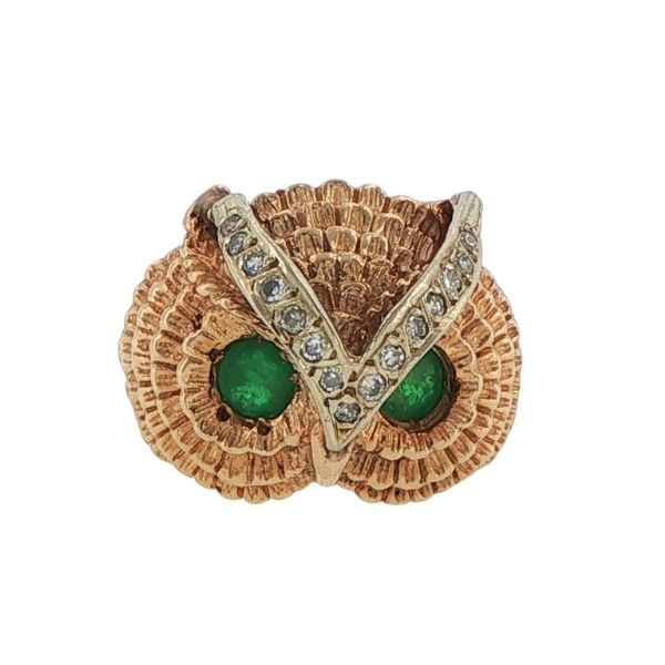 Estate 14K Yellow Diamond and Emerald Owl Face Ring Dickinson Jewelers Dunkirk, MD
