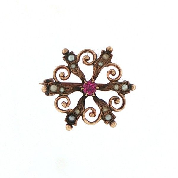 10Kt Yellow Gold Synthetic Center and Seed Pearl Brooch Dickinson Jewelers Dunkirk, MD