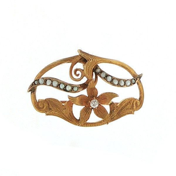 10Kt Yellow Gold Diamond and Pearl Vintage Textured Brooch Dickinson Jewelers Dunkirk, MD