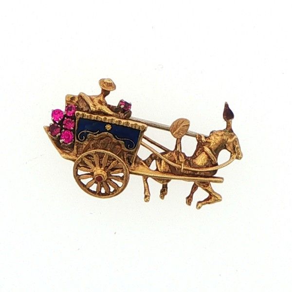 18K Yellow Gold Ruby and Enamel Horse and Carriage Brooch Dickinson Jewelers Dunkirk, MD
