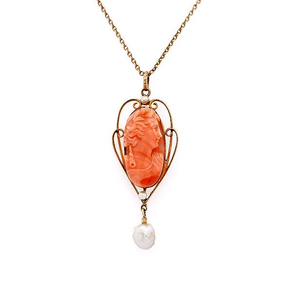 14K Yellow Gold Coral Cameo And Pearl Necklace Dickinson Jewelers Dunkirk, MD