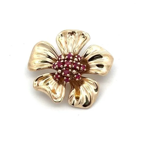 Estate 14Kt Yellow Flower Pin with Rubies Cluster Center Dickinson Jewelers Dunkirk, MD