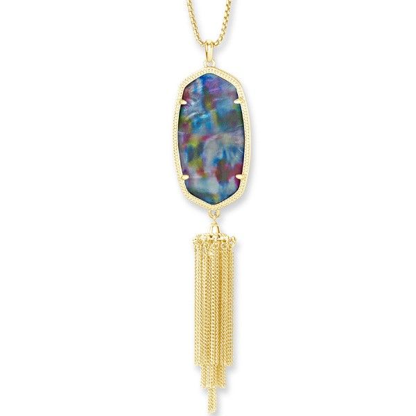 Kendra Scott Rayne Gold Long Pendant Necklace In Teal Tie Dye Illusion Dickinson Jewelers Dunkirk, MD