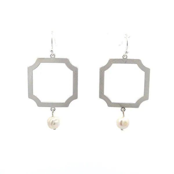 Silvertone Matte Finish Fancy Square and Pearl Dangle Earrings Dickinson Jewelers Dunkirk, MD