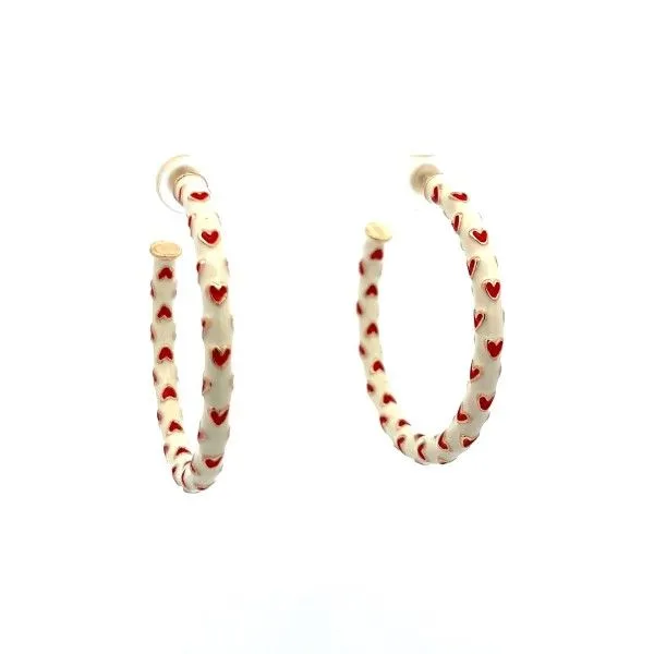 Goldtone Red Heart and White Enamel Hoop Earrings Dickinson Jewelers Dunkirk, MD