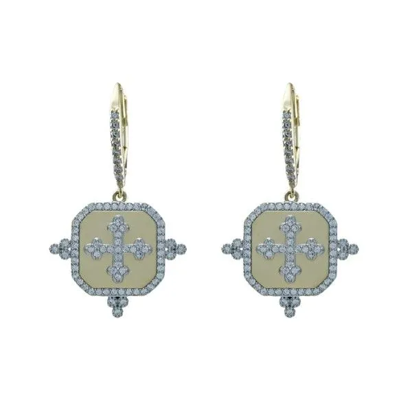 14k Gold Plated CZ Matte Square Disc with Cross Dangle Earrings Dickinson Jewelers Dunkirk, MD