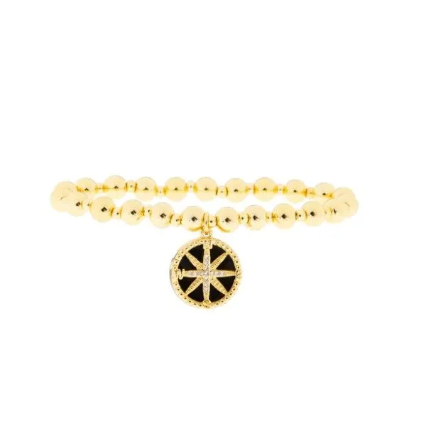 14k Gold Plated Patterned Ball Bracelet with Onyx Compass Charm Dickinson Jewelers Dunkirk, MD