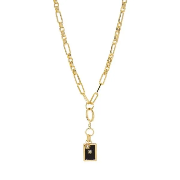14k Gold Plated Black Enamel with Mini CZ Starburst Rectangle Drop Necklace Dickinson Jewelers Dunkirk, MD