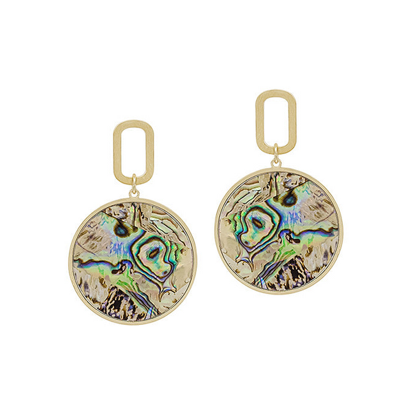 Matte Goldtone Linked Round Abalone Dangle Post Earring Dickinson Jewelers Dunkirk, MD