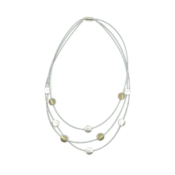 Boutique Jewelry - Multi Strand Tiered Piano Wire with Silvertone and Goldtone Discs Necklace Dickinson Jewelers Dunkirk, MD