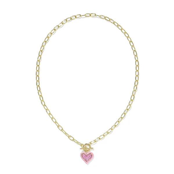Boutique Jewelry - 14k Gold Plated "Ari" Heart Enamel Frame Chain Necklace in Pink Iridescent Glitter Glass Image 2 Dickinson Jewelers Dunkirk, MD