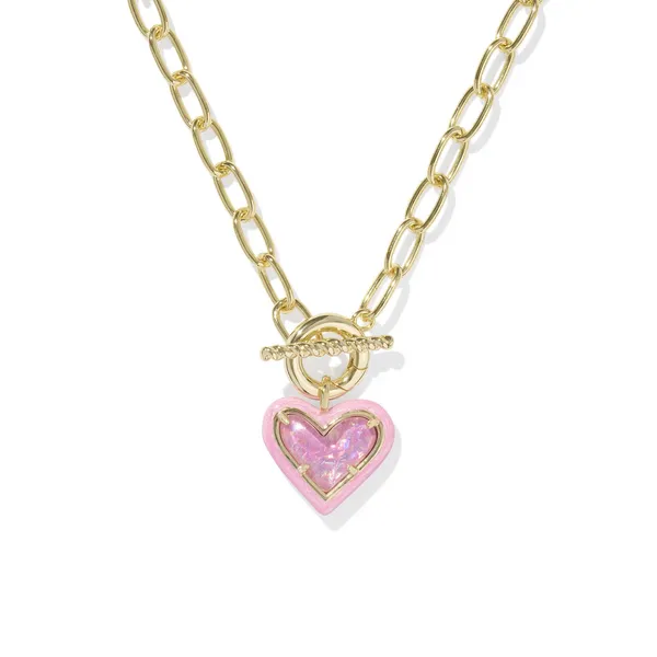Boutique Jewelry - 14k Gold Plated "Ari" Heart Enamel Frame Chain Necklace in Pink Iridescent Glitter Glass Dickinson Jewelers Dunkirk, MD