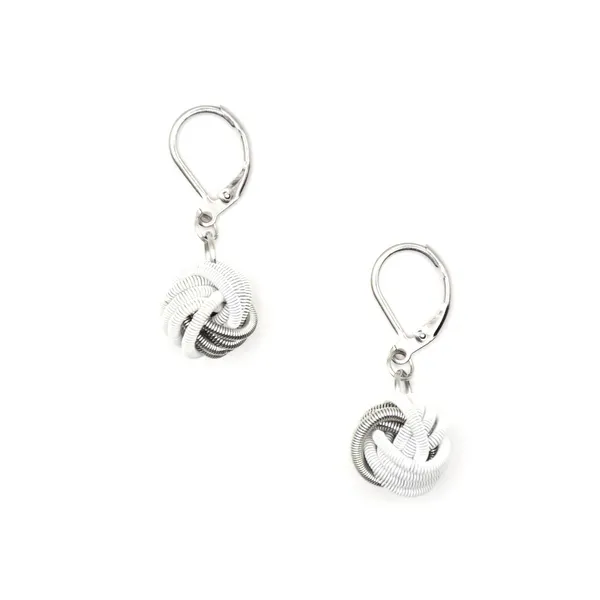 White and Silver Piano Wire Knot Dangle Leverback Earrings Dickinson Jewelers Dunkirk, MD
