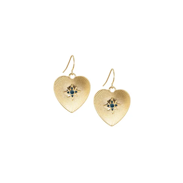14k Gold Plated Montana Blue Stones Etched Starburst Heart Dangle Earrings Dickinson Jewelers Dunkirk, MD