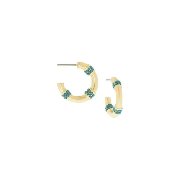 14k Gold Plated .75" Turquoise and Crystals Bamboo Hoop Earrings Dickinson Jewelers Dunkirk, MD