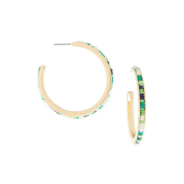 14k Gold Plated 1.5" Turquoise Seed Bead Lined Post Hoop Earrings Dickinson Jewelers Dunkirk, MD