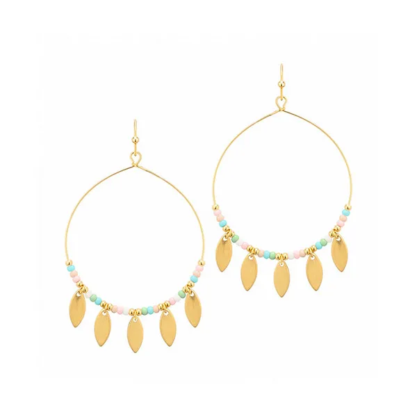 Goldtone Multicolor Beads Circle with Leaf Dangle Earrings Dickinson Jewelers Dunkirk, MD