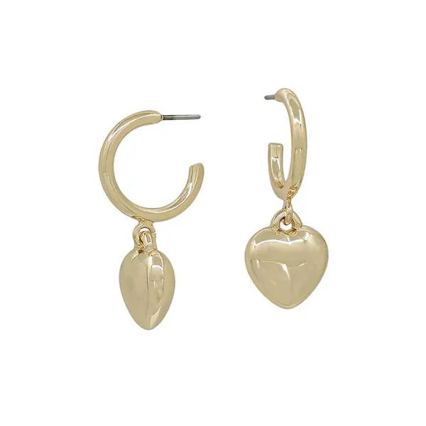 Goldtone Small Puff Heart Dangle Hoop Earrings Dickinson Jewelers Dunkirk, MD