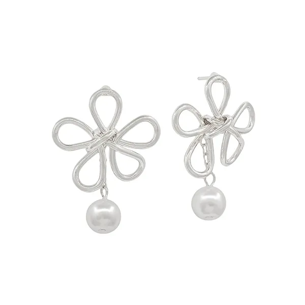 Silvertone Open Flower with Pearl Bead Dangle Post Earrings Dickinson Jewelers Dunkirk, MD