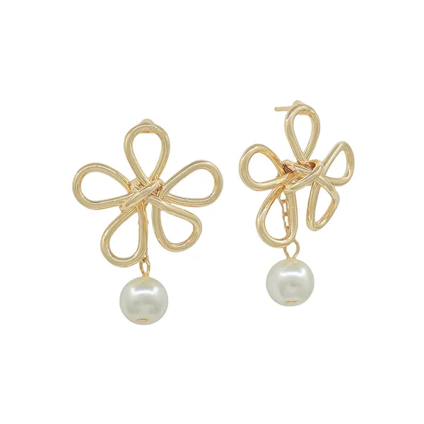 Goldtone Open Flower with Pearl Bead Dangle Post Earrings Dickinson Jewelers Dunkirk, MD