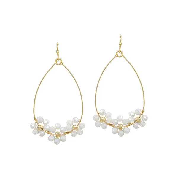 Goldtone Open Teardrop White Beaded Flowers Dangle Earrings Dickinson Jewelers Dunkirk, MD
