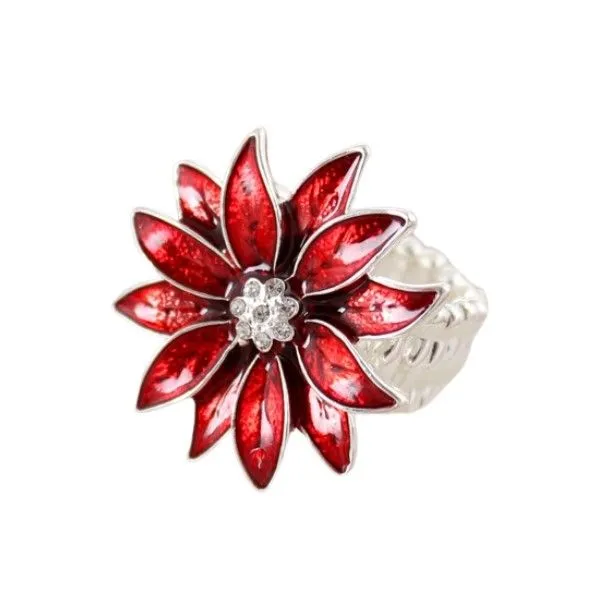Silvertone Enamel and Crystal Accents Poinsettia Stretch Ring Dickinson Jewelers Dunkirk, MD