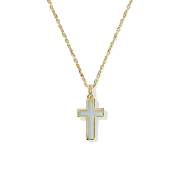 14k Gold Plated Cross Pendant Necklace in Light Blue Dichroic Glass Dickinson Jewelers Dunkirk, MD