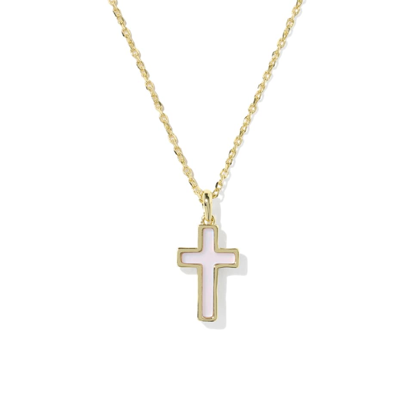 14k Gold Plated Cross Pendant Necklace in Blush Pink Dichroic Glass Dickinson Jewelers Dunkirk, MD