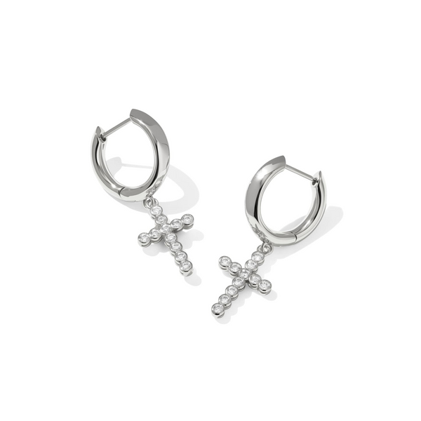 Rhodium Plated Cross Huggie Earrings in Crystal Dickinson Jewelers Dunkirk, MD