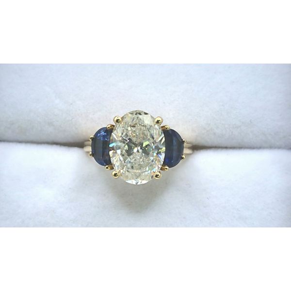 18K Yellow Gold Three stone Engagement ring, Diamond and Sapphire Diny's Jewelers Middleton, WI