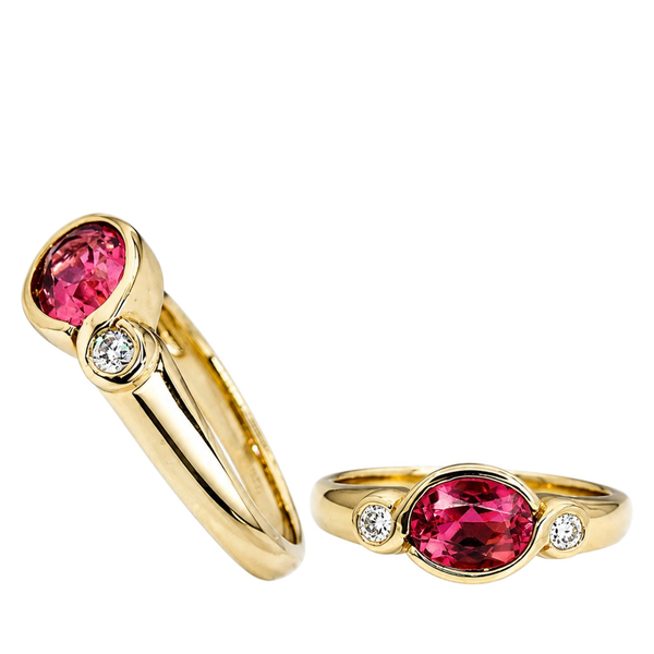 14K Yellow Gold Pink Tourmaline and Diamond Three-Stone Ring Diny's Jewelers Middleton, WI