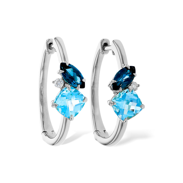 14K White Gold Blue Topaz and Diamond Hoop Earrings Diny's Jewelers Middleton, WI