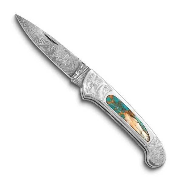 Damascus Steel Spiny Oyster Turquoise Bronze Knife Diny's Jewelers Middleton, WI