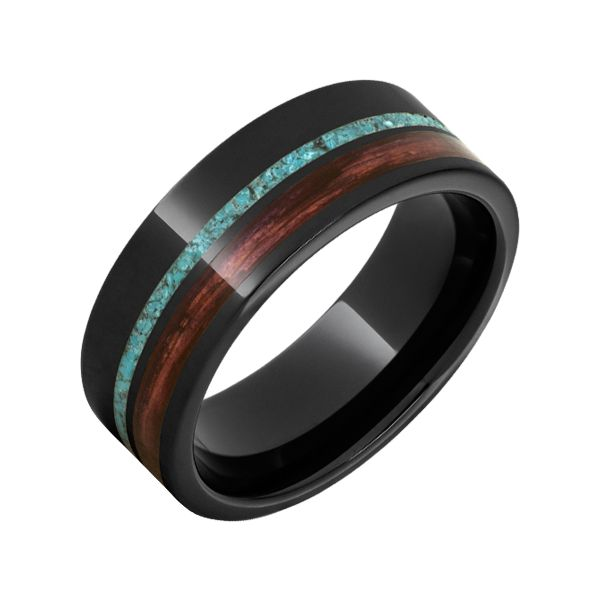 Black Ceramic 8Mm Comfort Fit Wedding Band With 1Mm Turquoise Inlay And Wiskey Barrel Inlay Doland Jewelers, Inc. Dubuque, IA