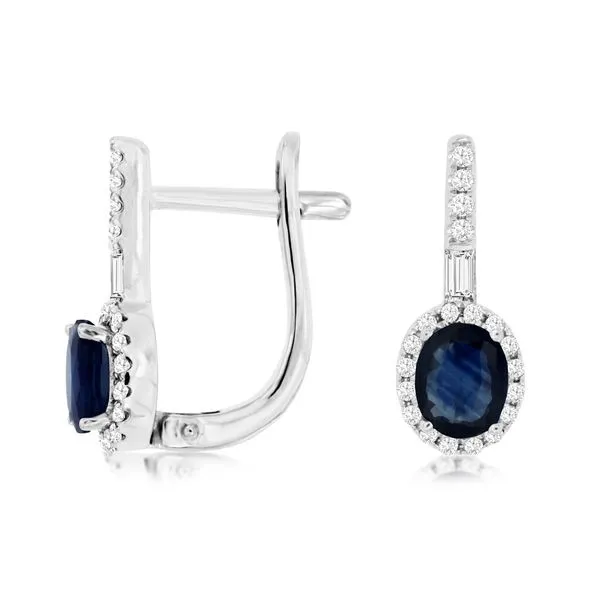White 14Kt Halo Drop Earrings with Oval Sapphires and Round Diamonds Doland Jewelers, Inc. Dubuque, IA