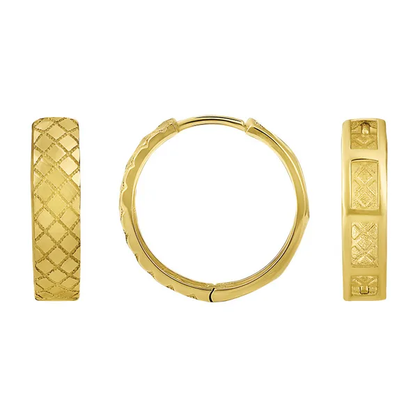 Yellow 14k Gold Open Back Checkered Pattern Huggie Earrings Doland Jewelers, Inc. Dubuque, IA