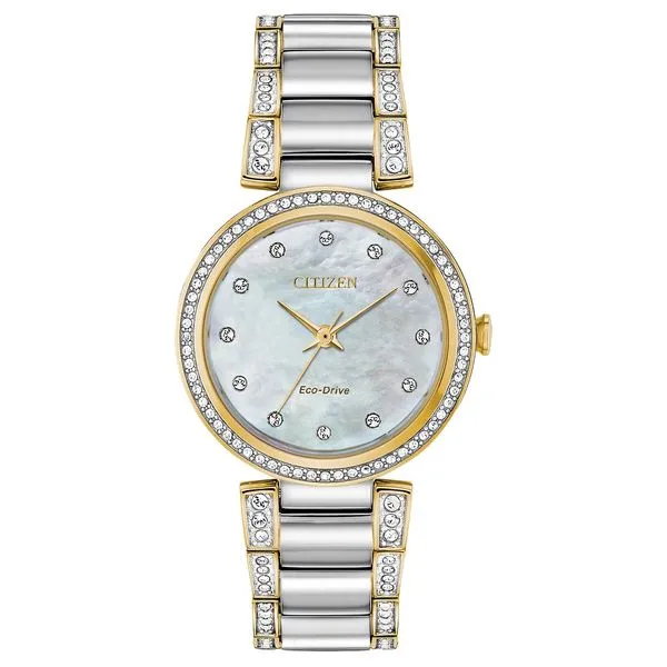 Lady's Citizen Eco-Drive "Silhouette Crystal" Two Tone Stainless Steel & 14k Yellow Gold Plated Dress Watch Doland Jewelers, Inc. Dubuque, IA